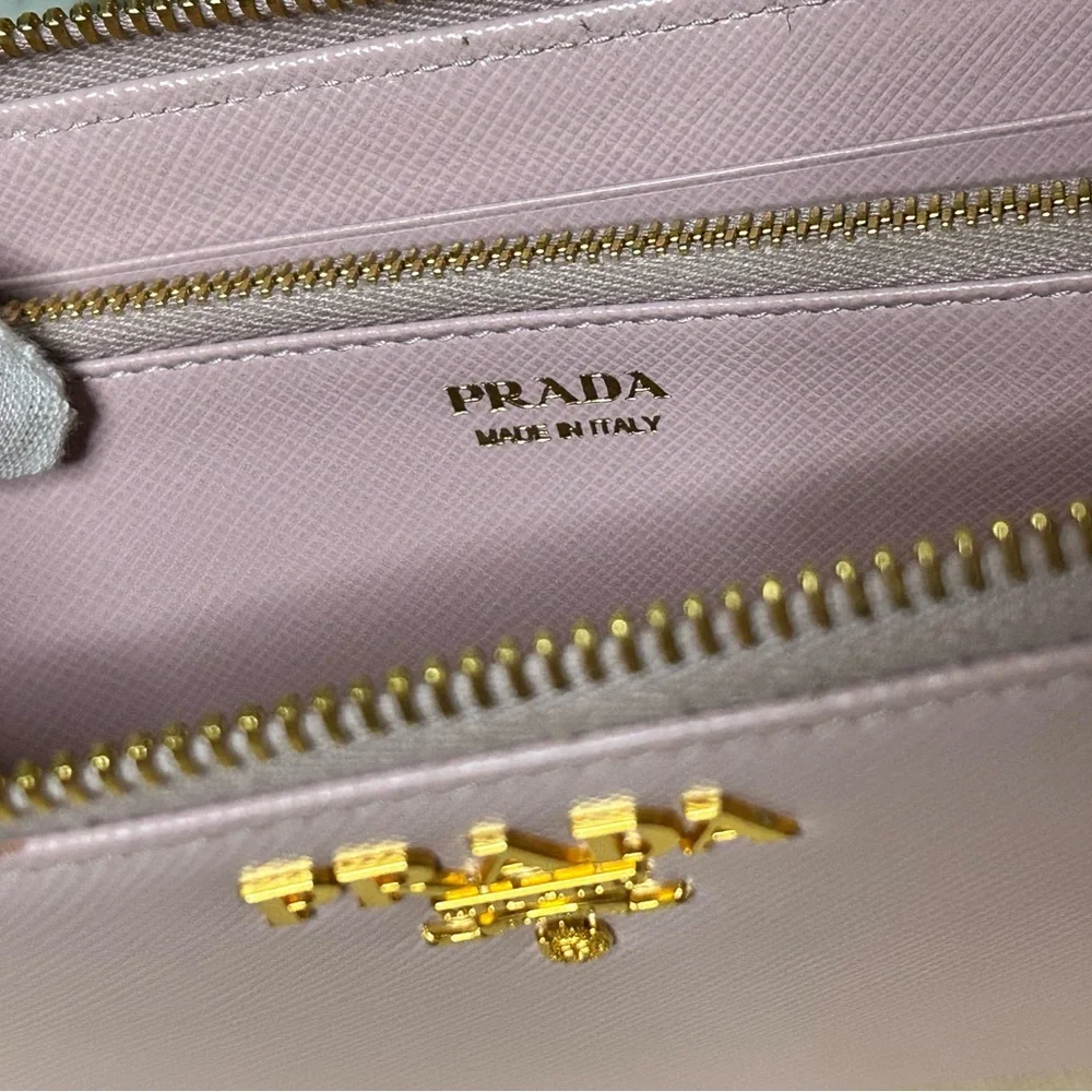 Prada Saffiano Lux Zip-Around Wallet (Light Pink) w/ Gold Logo